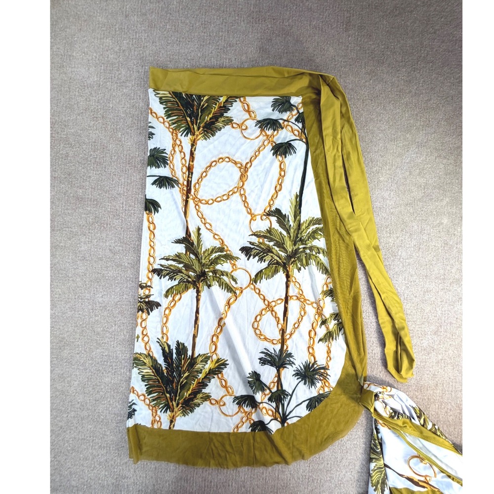 Palm Tree Chain Print One Piece Swimsuit and Sarong Set White Olive Green XL - Picture 5 of 6